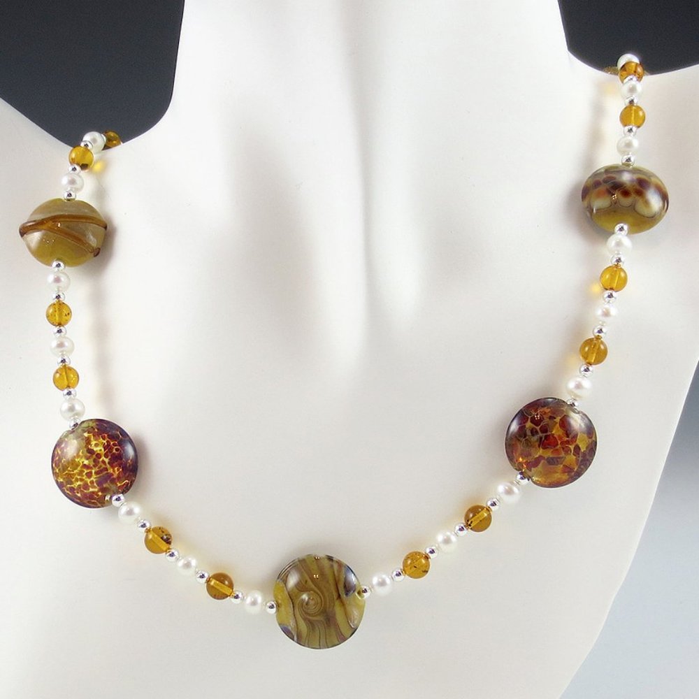 Lampwork Glass, Amber, Pearl, & Sterling Necklace
